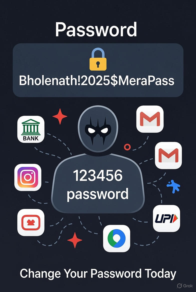 Hacker in dark hood with glowing weak passwords list – 123456, password, Kumar@123