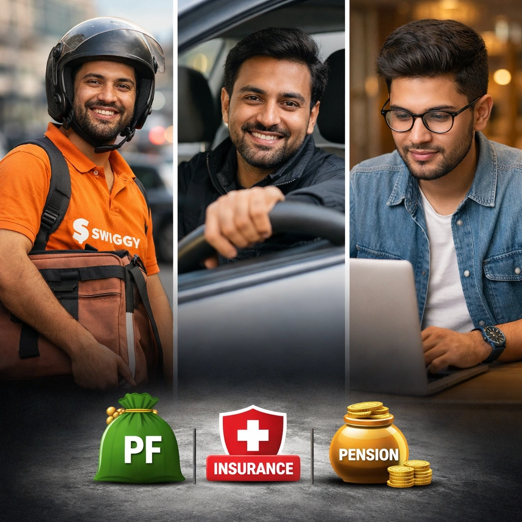 gig workers in India including delivery rider driver and freelancer with PF insurance pension benefits