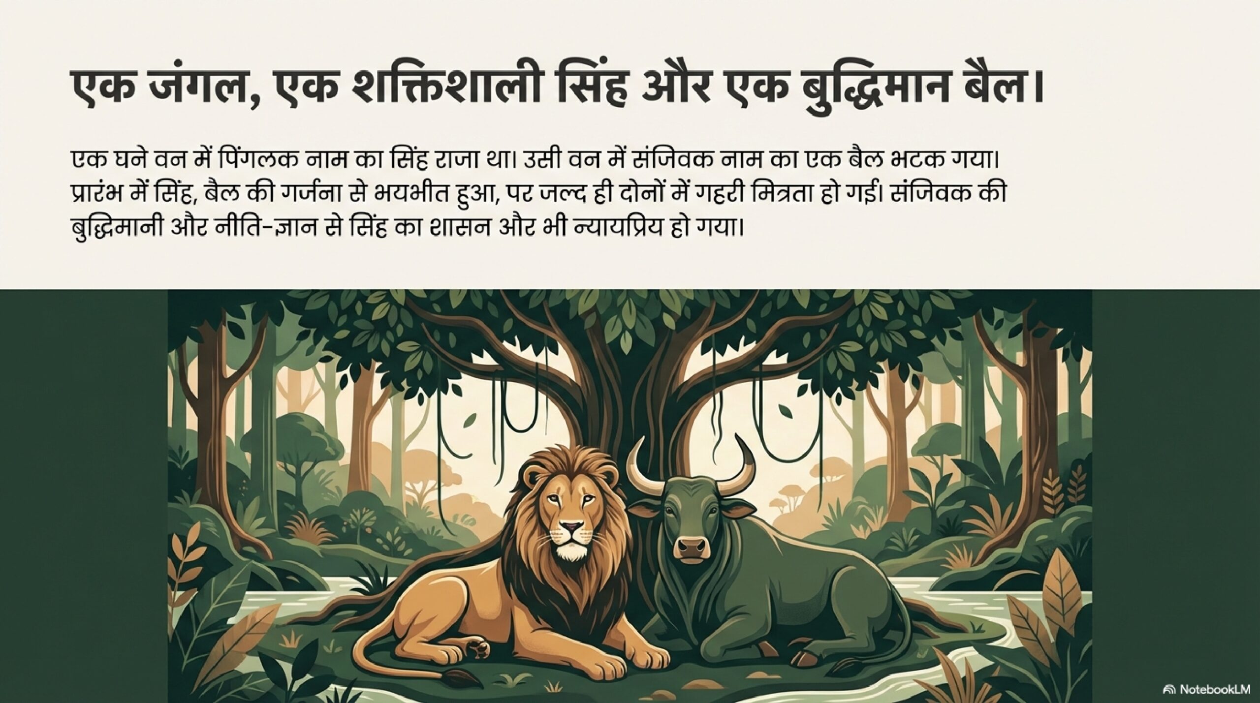 जंगल में सिंह पिंगलक और बैल संजिवक साथ बैठे हुए, मित्रता और विश्वास की शुरुआत को दर्शाता पंचतंत्र दृश्य।