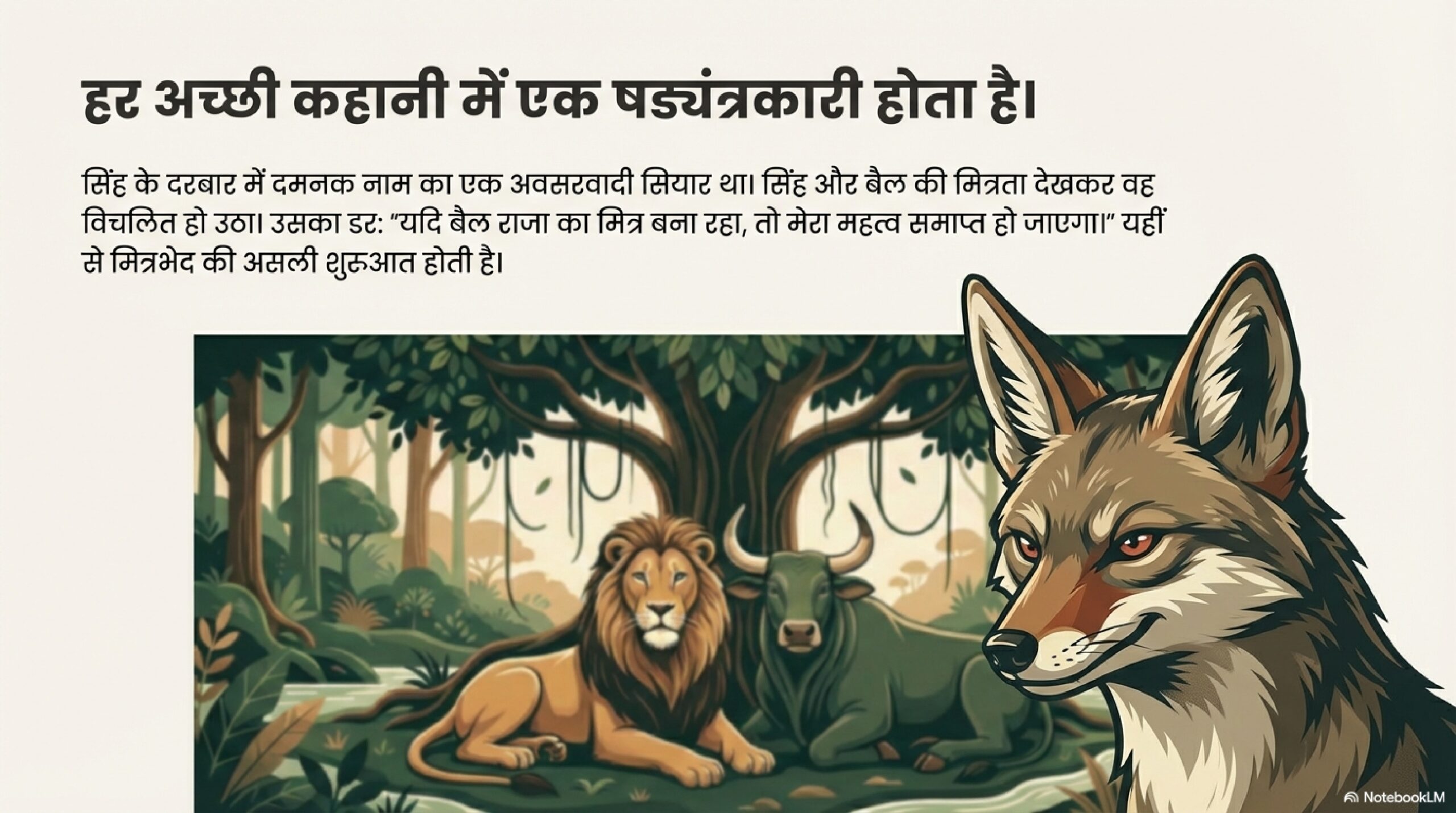 चालाक सियार दमनक की छवि, जो मित्रता के बीच षड्यंत्र और अवसरवाद का प्रतीक है।