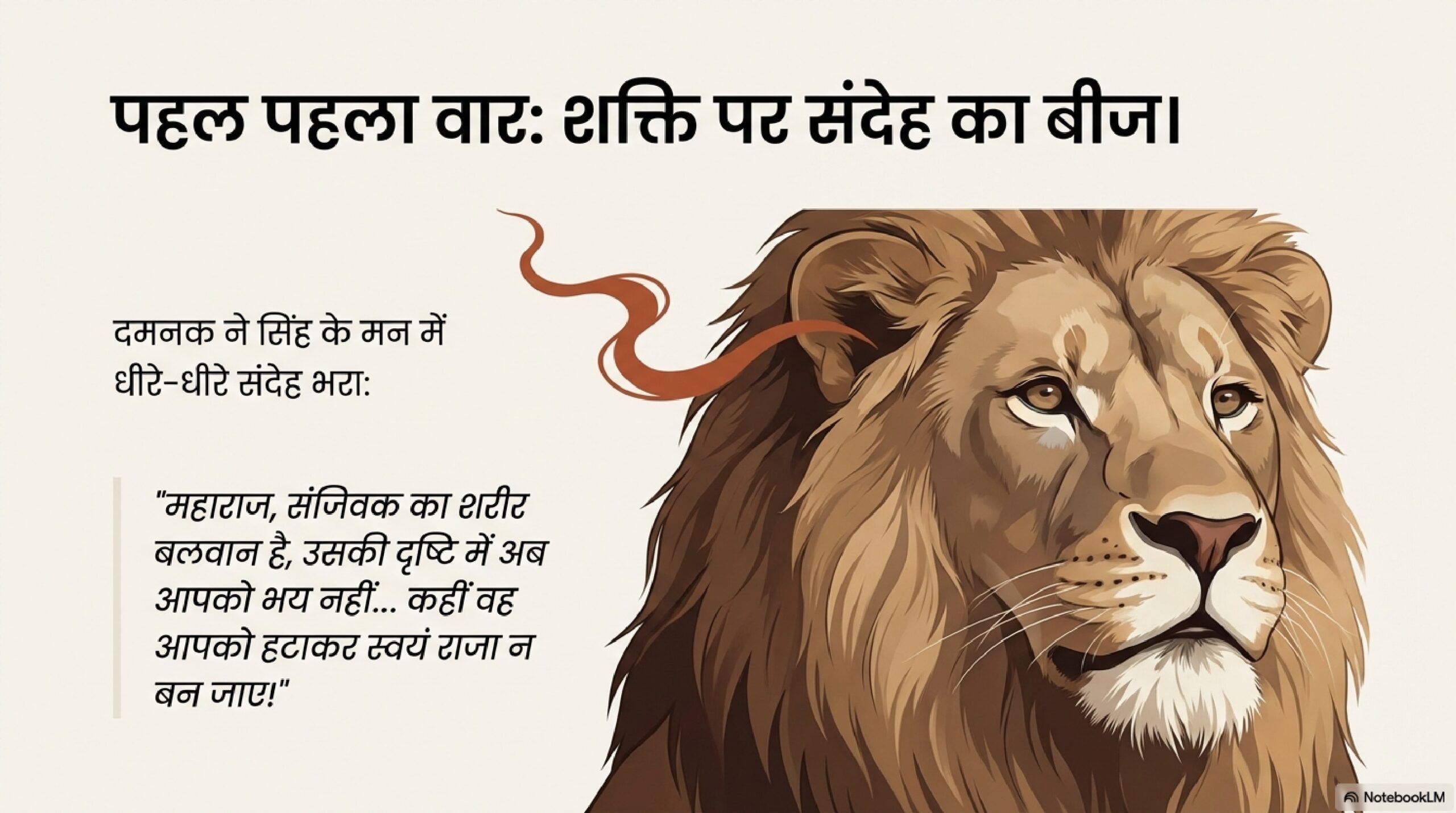 सिंह पिंगलक का चिंतित चेहरा, जिसमें संदेह और भय धीरे-धीरे जन्म ले रहा है।