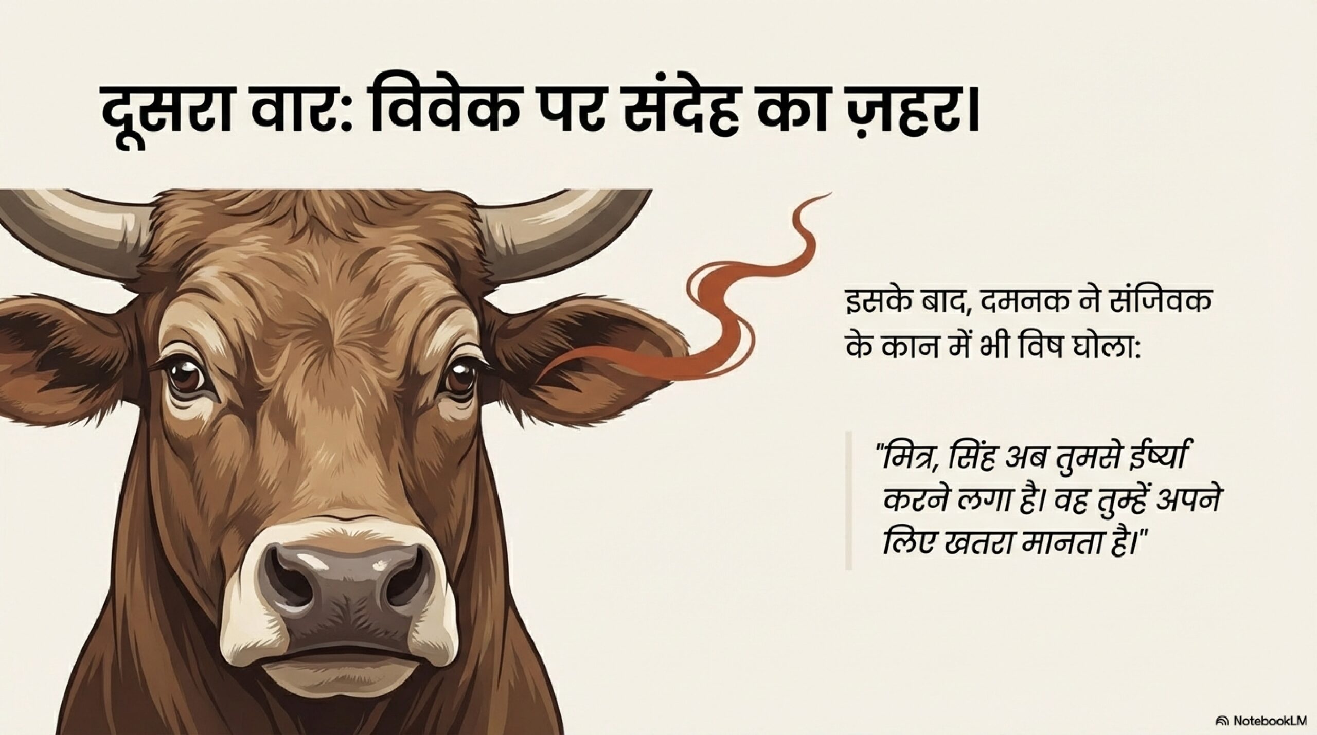 बैल संजिवक का गंभीर और असमंजस से भरा चेहरा, जो टूटते विश्वास को दर्शाता है।