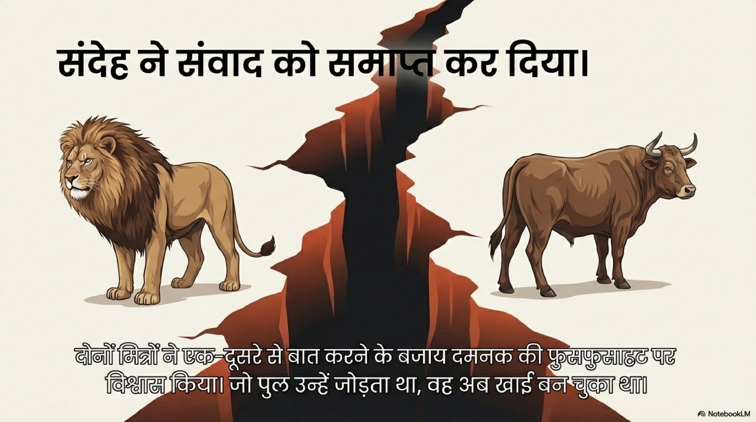 सिंह और बैल के बीच गहरी दरार, जो मित्रता के टूटने और संवाद के अंत का प्रतीक है।