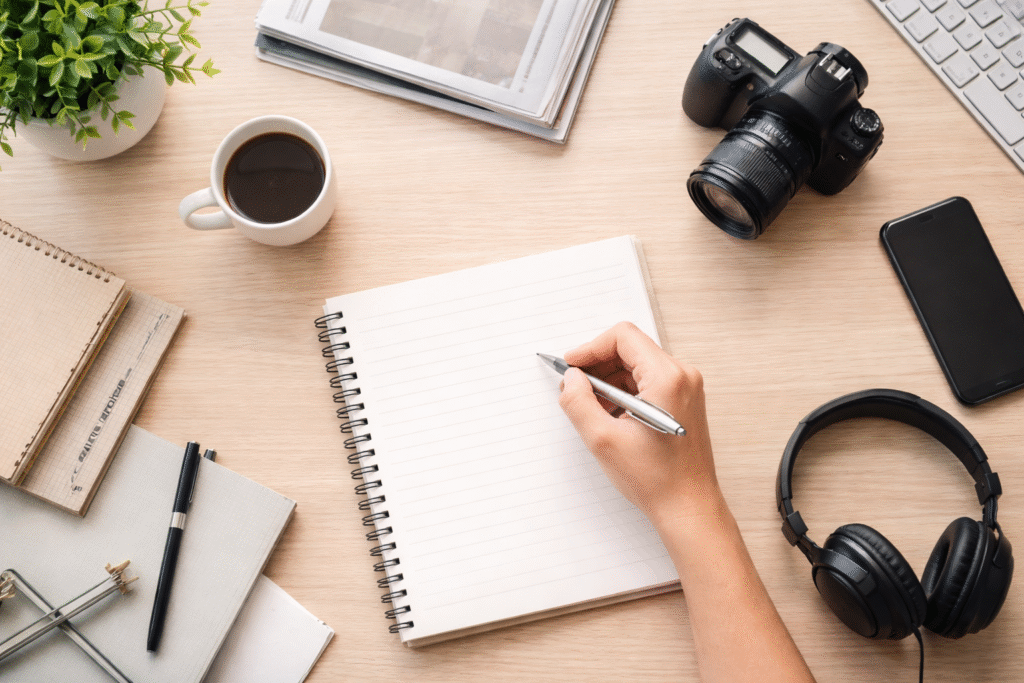 Overhead view of a creative storytelling workspace with notebook, DSLR camera, headphones, coffee cup, and phone on a wooden desk.