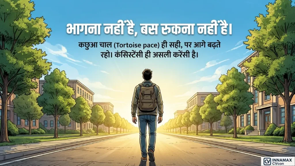 A person walking steadily on a clear road toward the horizon, symbolising consistent progress and long-term career development.