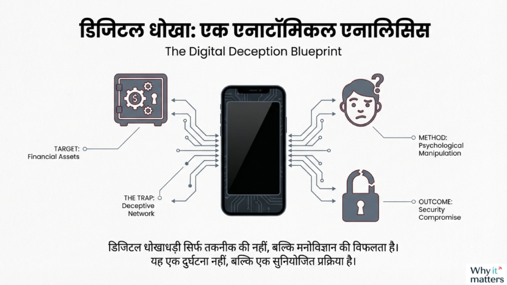 डिजिटल धोखाधड़ी की प्रक्रिया दिखाता infographic — स्मार्टफोन के ज़रिये मनोवैज्ञानिक हेरफेर और वित्तीय नुकसान