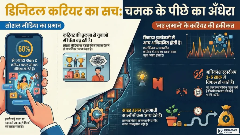 डिजिटल करियर, creator economy और startup culture की वास्तविक चुनौतियाँ समझाता विस्तृत इन्फोग्राफिक