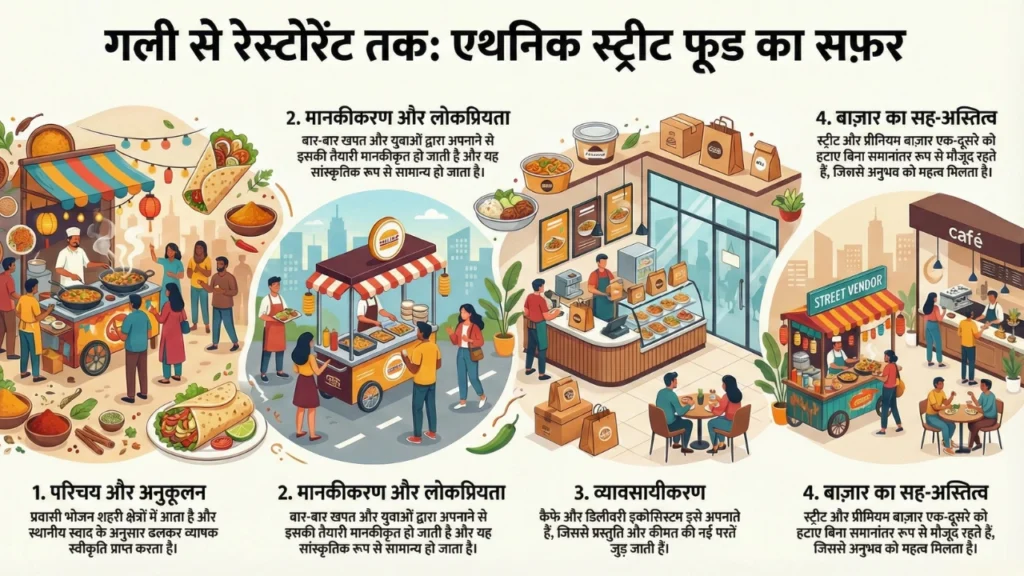 गली से रेस्तरां तक स्ट्रीट फूड के विकास और बाज़ार के सह-अस्तित्व को दर्शाने वाला इन्फोग्राफिक