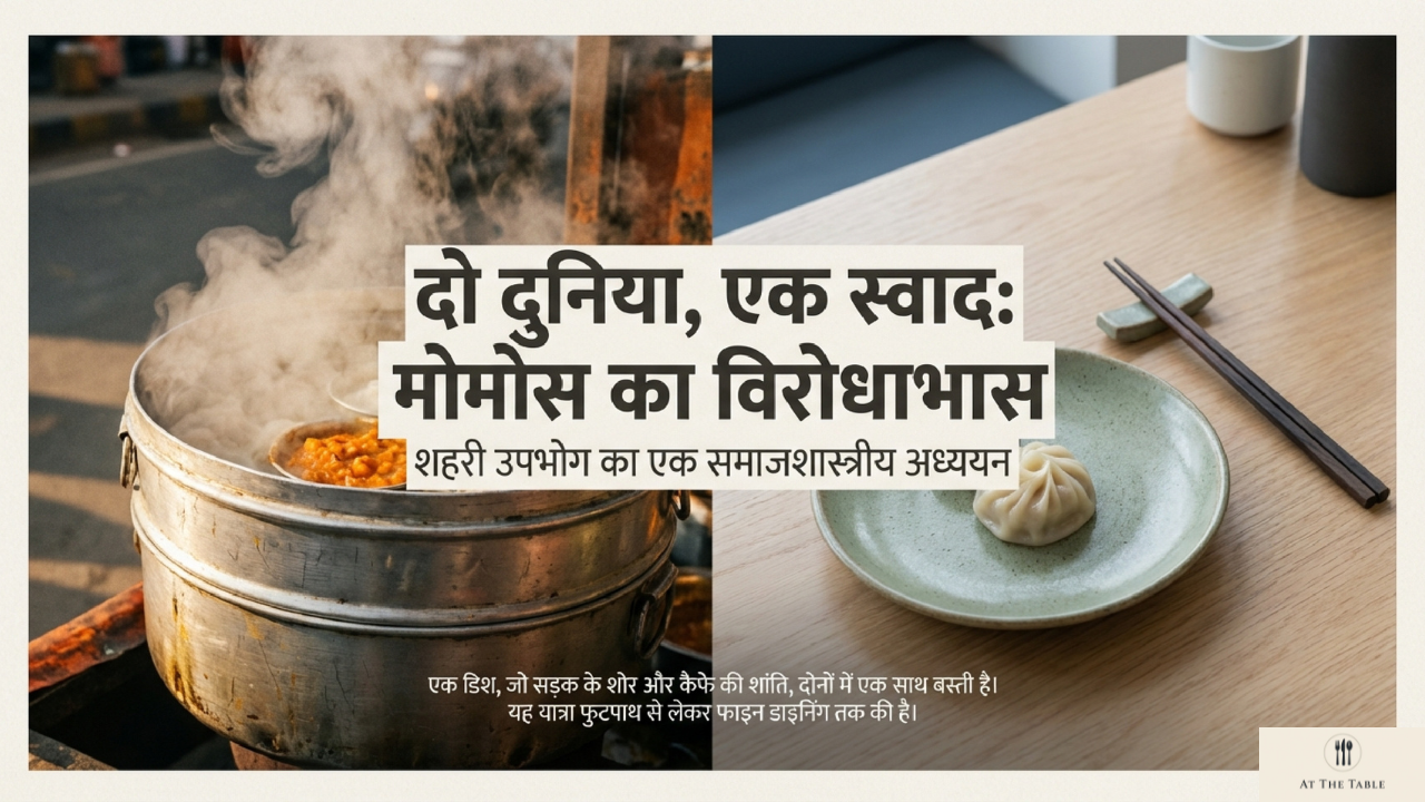 सड़क पर भाप उठाते मोमो और कैफ़े में परोसे गए प्रीमियम मोमो का दृश्य