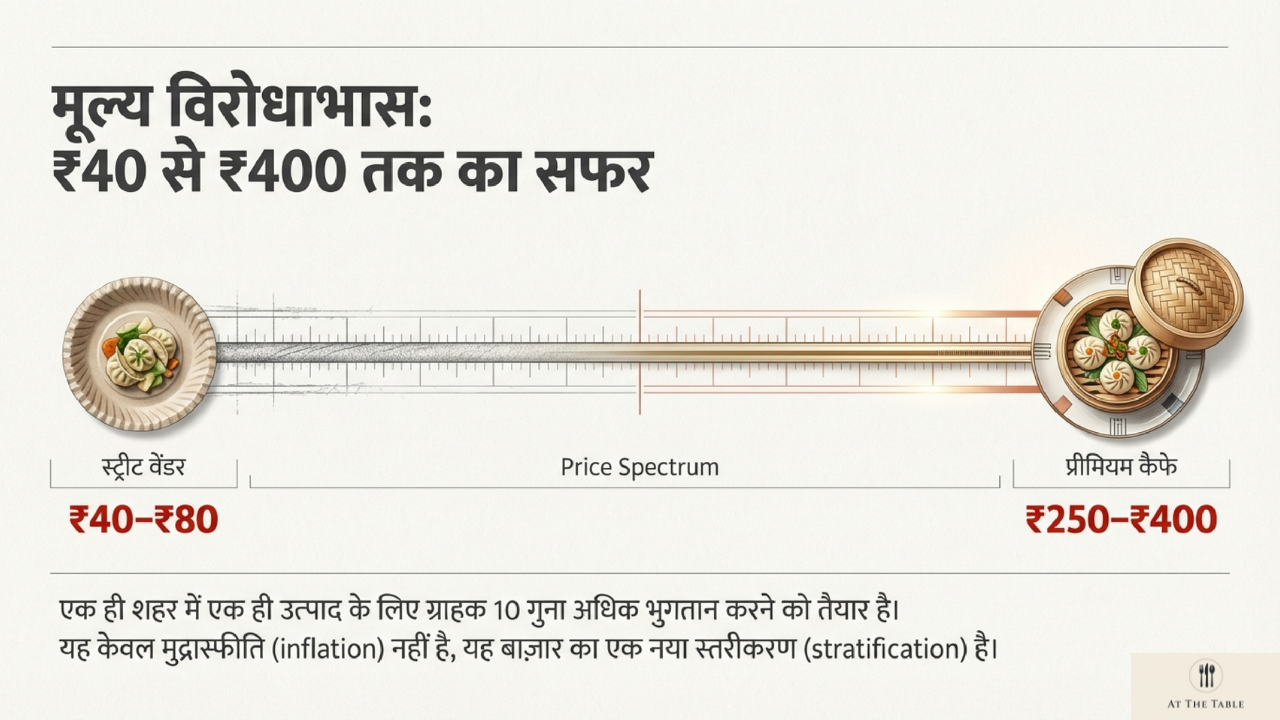 स्ट्रीट वेंडर और प्रीमियम कैफ़े के बीच मोमो की कीमतों का तुलनात्मक ग्राफ