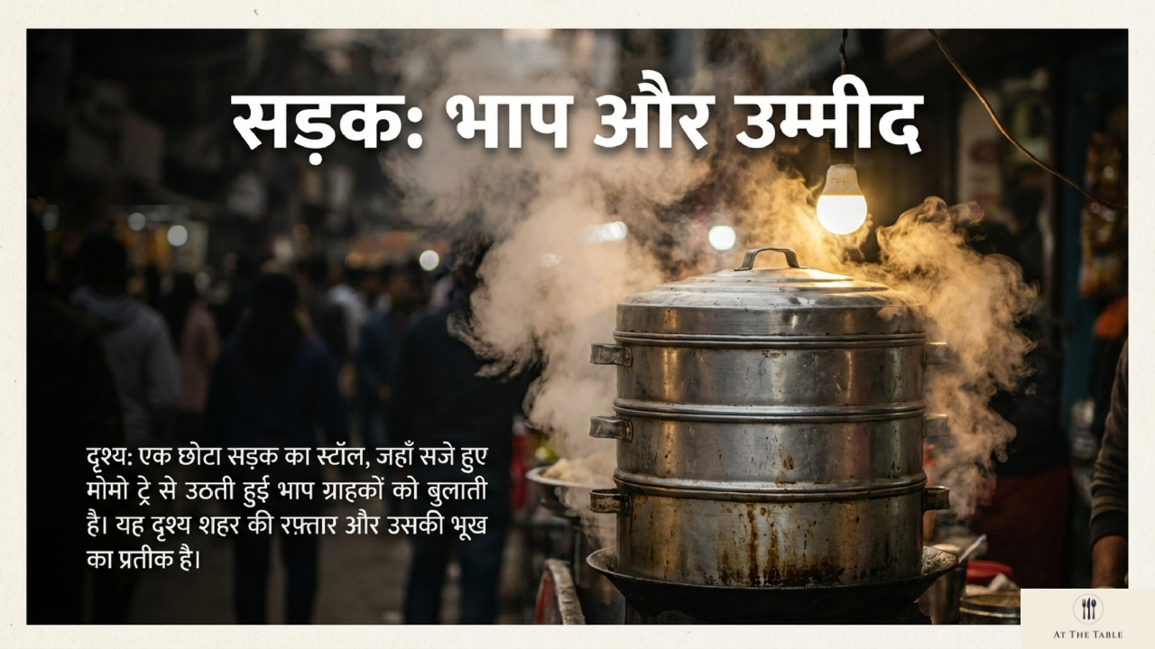 शाम के बाज़ार में भाप उठाते मोमो और ग्राहकों की भीड़