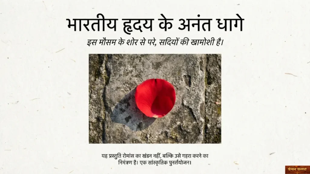 पत्थर की सतह पर रखा लाल गुलाब की पंखुड़ी, जो भारतीय हृदय की शांति, निरंतरता और मौन भावनाओं का प्रतीक है