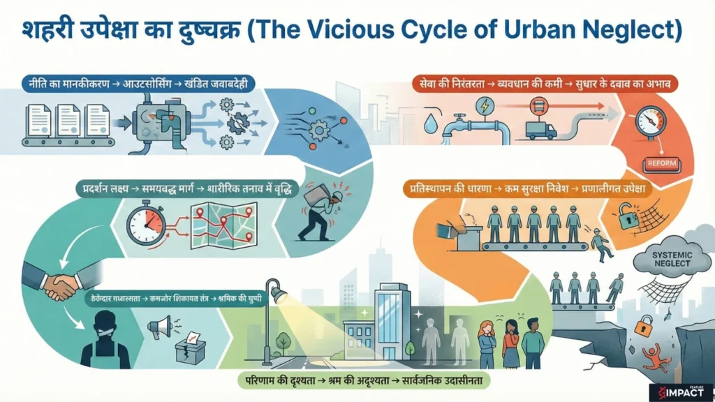 नीति, आउटसोर्सिंग और अदृश्य श्रम का शहरी सिस्टम इन्फोग्राफिक