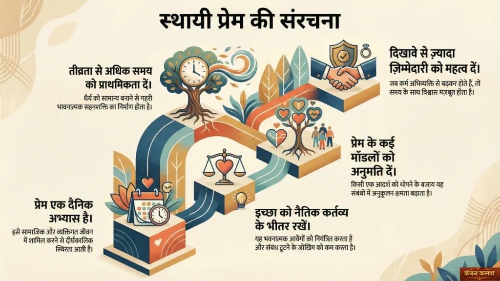 स्थायी प्रेम की संरचना दर्शाने वाला इन्फोग्राफिक जिसमें समय, जिम्मेदारी, नैतिकता और विविध संबंध मॉडल दिखाए गए हैं