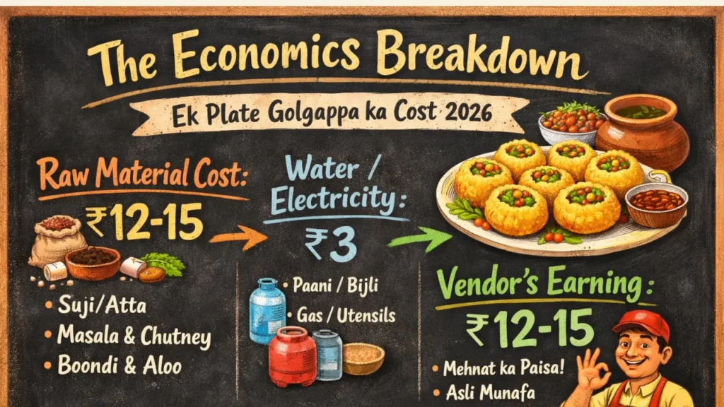 Infographic showing cost breakdown of one plate golgappa in India including raw material, utilities and vendor earning