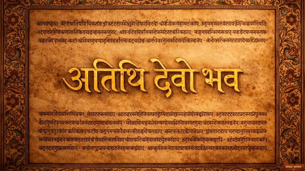 Ancient Indian scripture with Atithi Devo Bhava written in golden Devanagari calligraphy on parchment