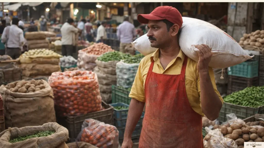Indian street food vendor buying bulk supplies at early morning wholesale vegetable market