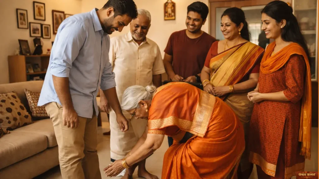 Multi-generational Indian family welcoming guest at home with traditional blessing gesture