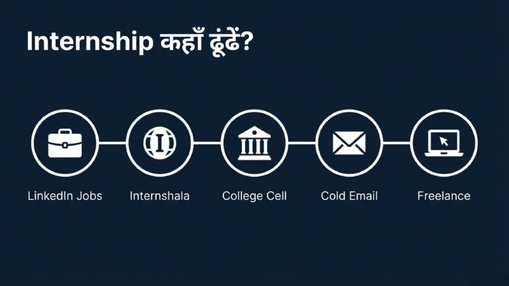 Platforms to find internships including LinkedIn Internshala college placement cell cold email and freelance