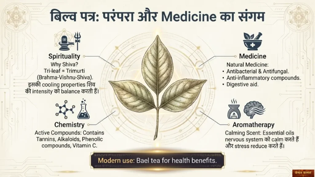 Bael leaf medicinal and spiritual significance infographic used in Shiva worship