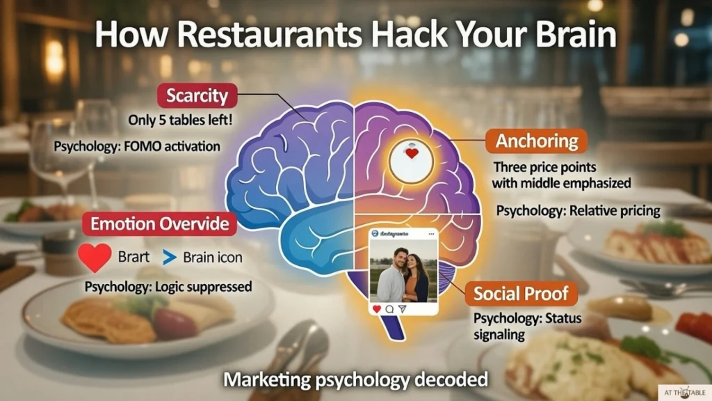 Illustration showing scarcity, anchoring and social proof marketing psychology used by restaurants