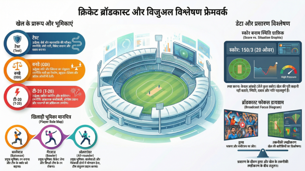 Infographic explaining cricket formats, player roles, broadcast focus, and why scoreboard numbers do not fully represent match context