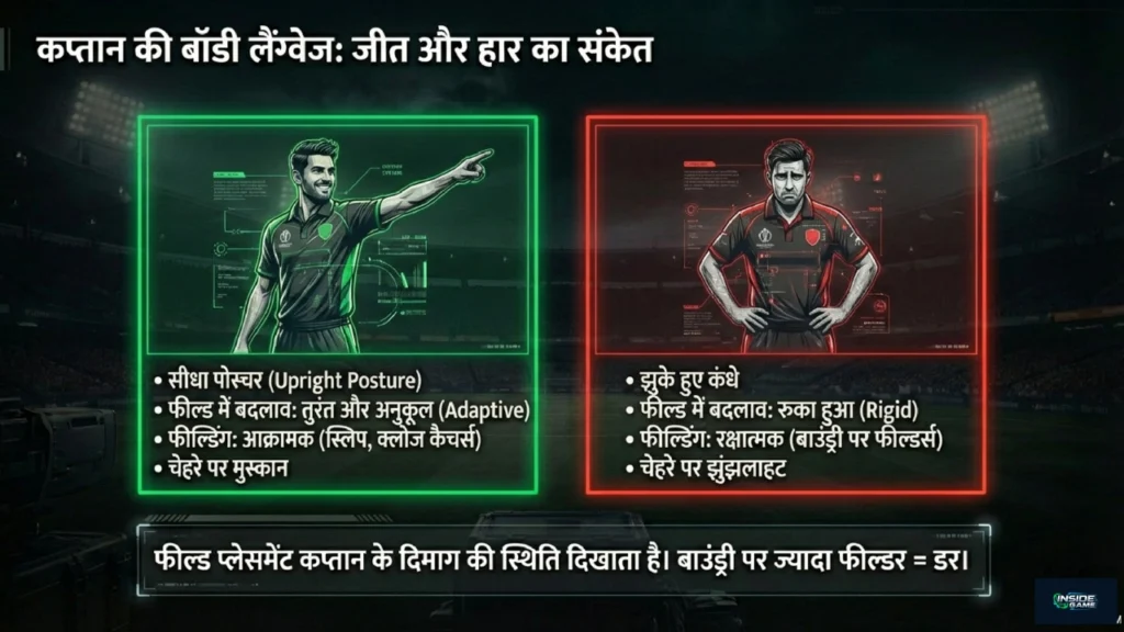 Comparison graphic showing confident captain posture versus stressed captain posture during match situations.