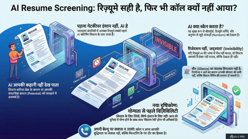 AI सिस्टम द्वारा रिज़्यूमे में कीवर्ड, फॉर्मैट और अनुभव के नंबर स्कैन करते हुए दिखाया गया ग्राफिक