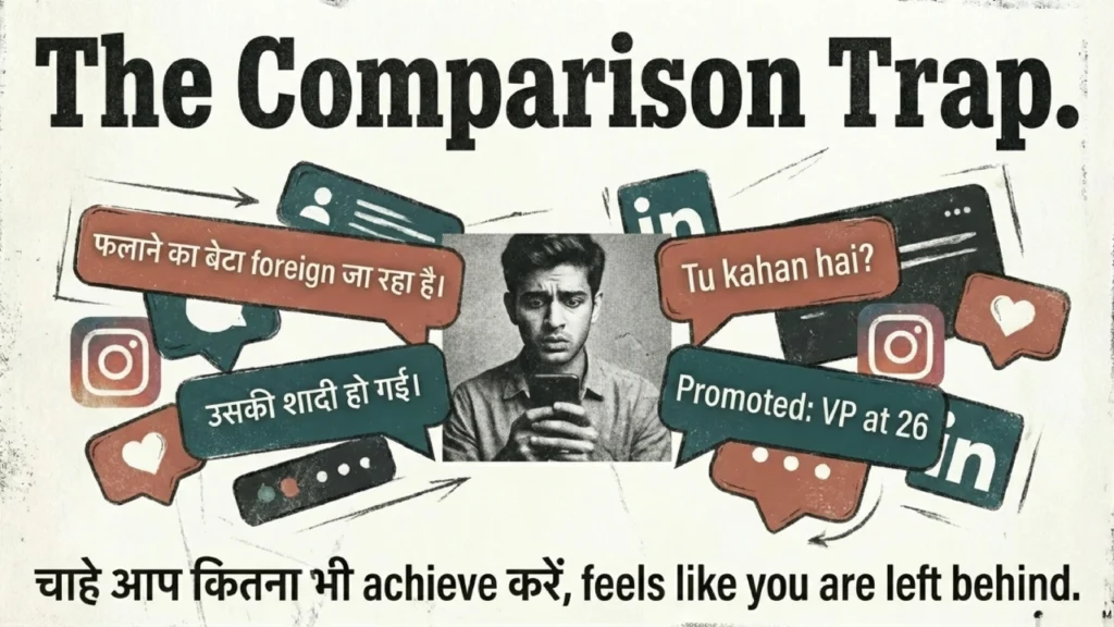 Young man surrounded by social media messages about promotions, foreign jobs and marriage, representing comparison pressure.