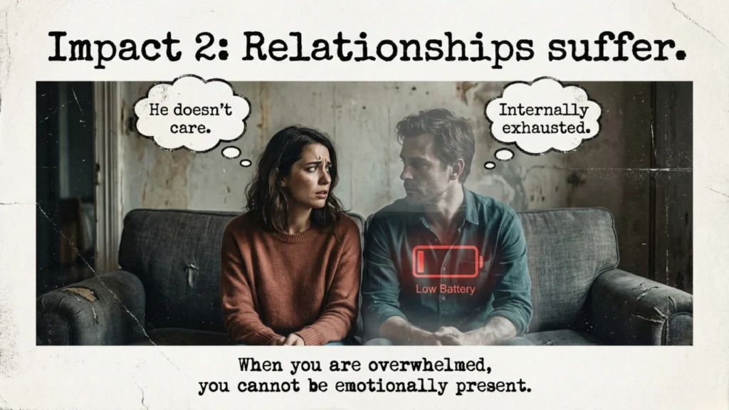 Couple sitting apart on couch with low battery icon symbolizing emotional exhaustion affecting relationships.