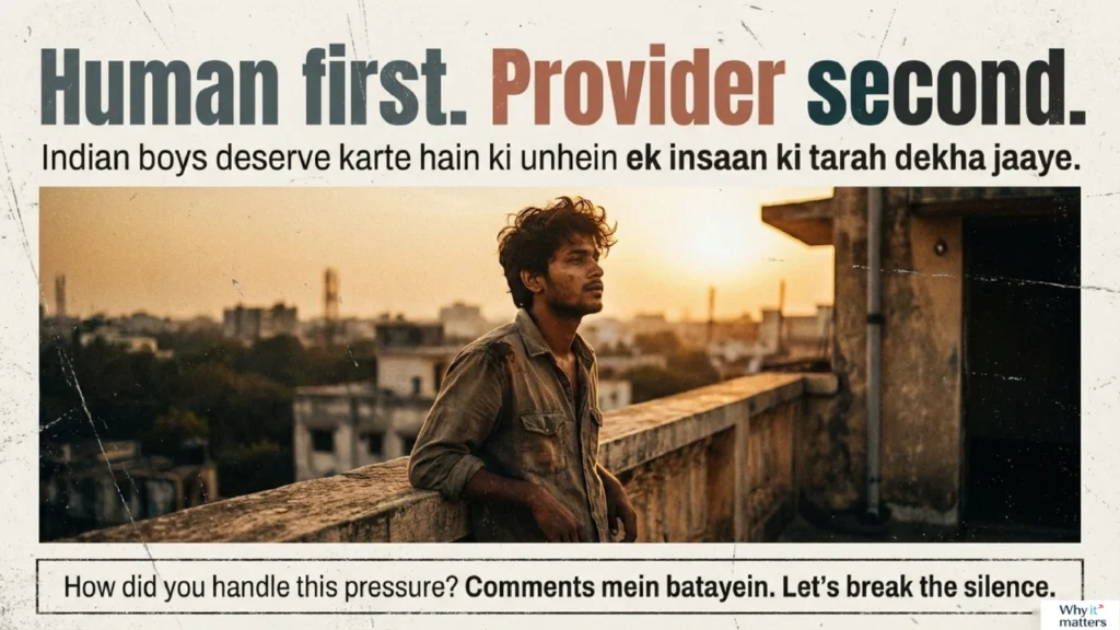 Young Indian man standing on rooftop at sunset symbolizing dignity, identity and self-worth beyond financial role.