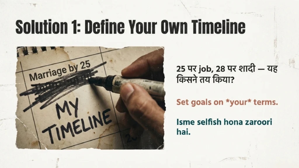 Hand crossing out “Marriage by 25” on calendar page with “My Timeline” written below, symbolizing defining personal life goals instead of following societal pressure.