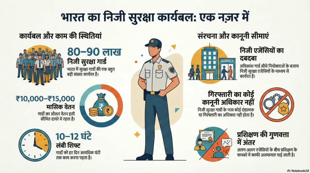 इन्फोग्राफिक जो निजी सुरक्षा गार्ड की जिम्मेदारी और सीमित कानूनी अधिकारों को दर्शाता है