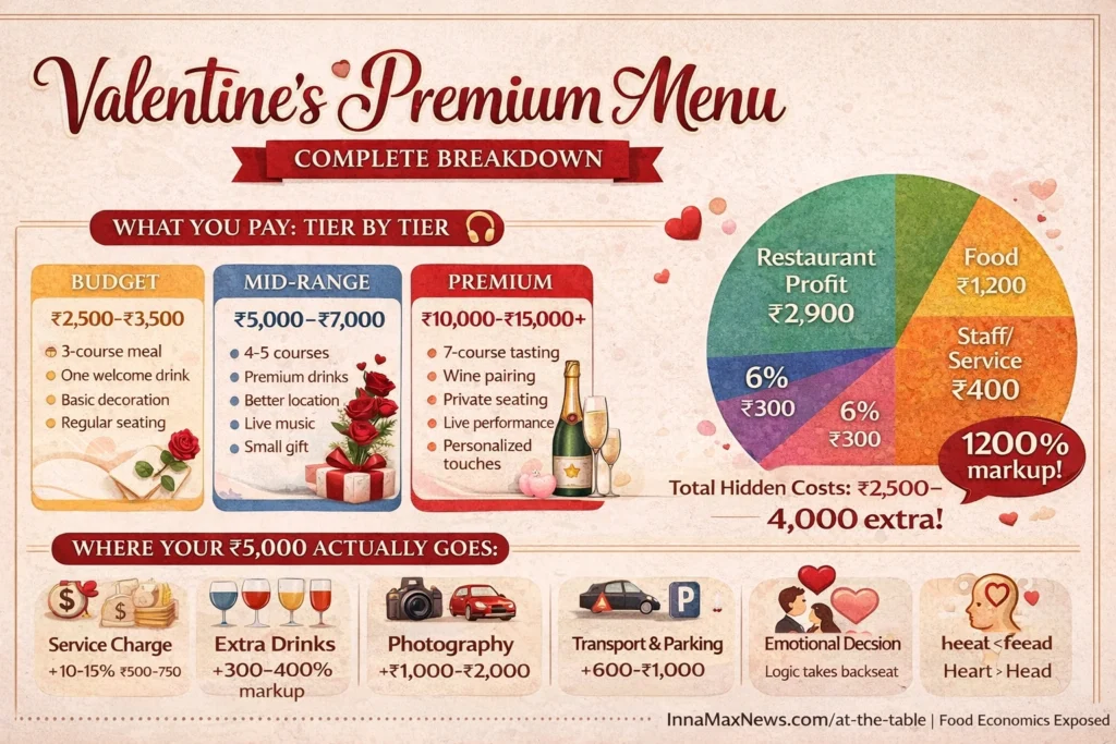 Infographic showing Valentine’s Day restaurant premium menu pricing tiers and profit breakdown