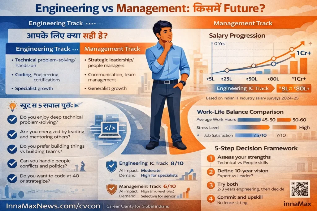 Infographic comparing AI impact on engineering and management careers by 2030 showing higher demand for specialized engineering roles and decline in mid-level management roles