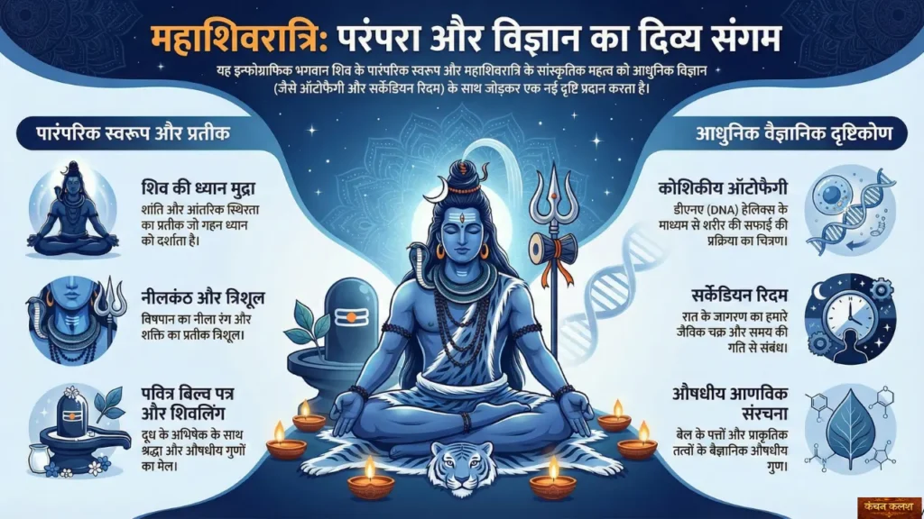 Maha Shivratri fasting scientific benefits infographic showing autophagy detoxification circadian rhythm and ritual explanations