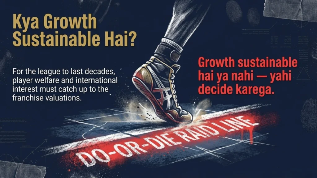 Illustration of a sports shoe stepping on a kabaddi do-or-die raid line symbolizing the sustainability challenge of league growth