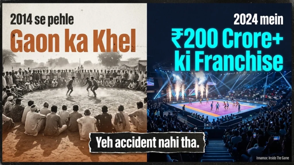 Traditional rural kabaddi match contrasted with modern Pro Kabaddi League arena setup