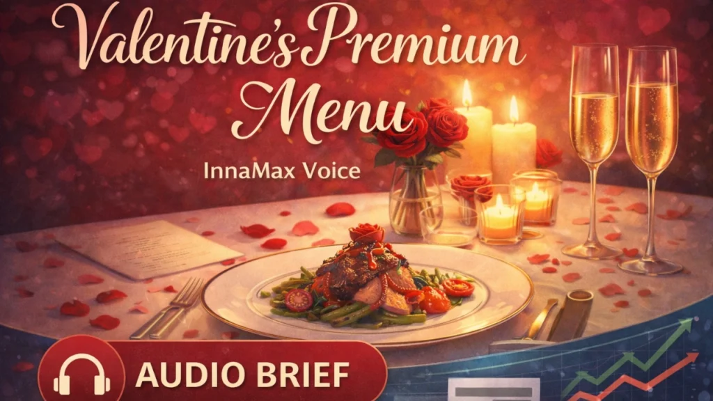 Romantic candlelit restaurant dinner table representing Valentine’s premium menu economics audio explainer