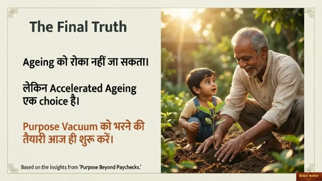 बुज़ुर्ग व्यक्ति बच्चे के साथ पौधा लगाते हुए, जीवन के उद्देश्य, पीढ़ियों के जुड़ाव और स्वस्थ ageing का प्रतीकात्मक दृश्य