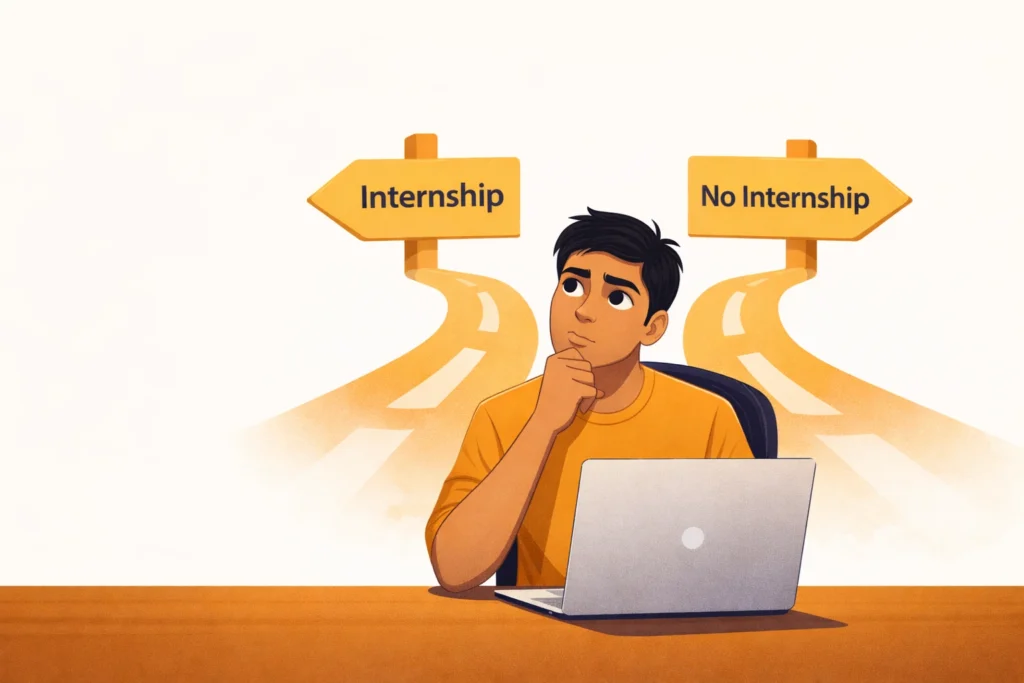 Young Indian college student sitting at laptop looking confused between internship and no internship career path options