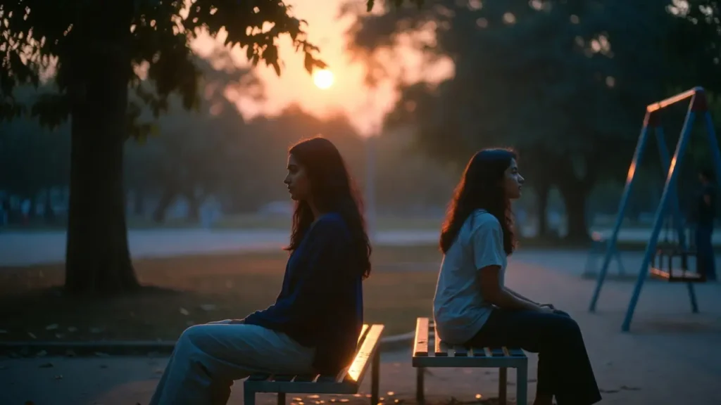 Two young women sitting back-to-back on separate benches in a park at sunset, symbolizing emotional distance in friendship.