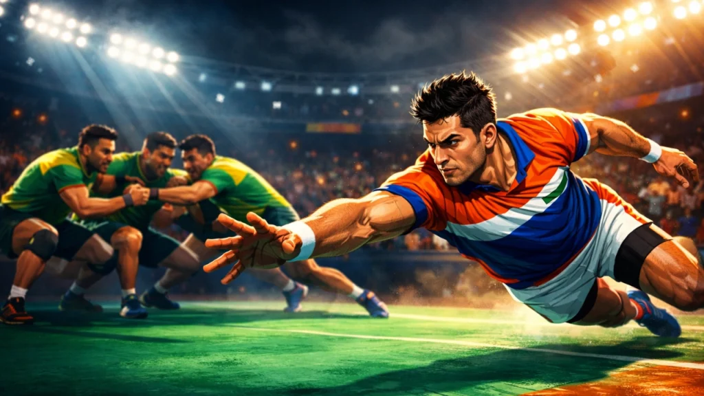Illustration of a kabaddi raider diving forward under stadium lights while defenders prepare to tackle