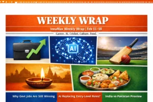 InnaMax Weekly Wrap Feb 11–18 magazine-style 16:9 cover featuring career growth briefcase, AI brain technology graphic, cricket bat and ball in stadium, Indian diya with temple silhouette, and Indian street food thali with headlines on jobs, AI, and India vs Pakistan preview.