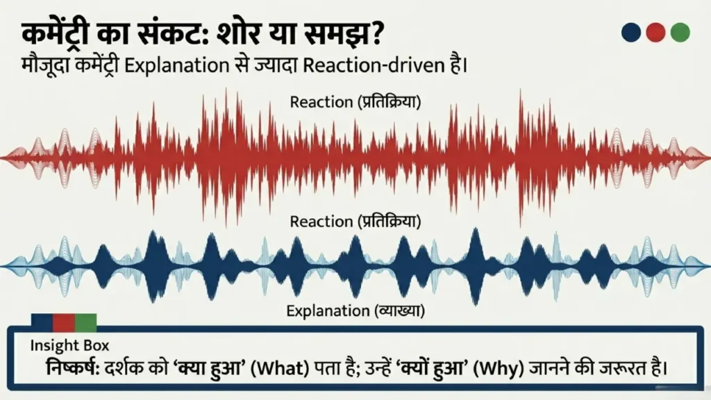 Audio waveform graphic comparing reaction-driven commentary with explanation-based analysis in cricket broadcasts.