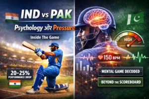 India Pakistan cricket match tactical analysis showing player under pressure with psychology and mental game strategy overlay, Inside The Game series sports analysis illustration