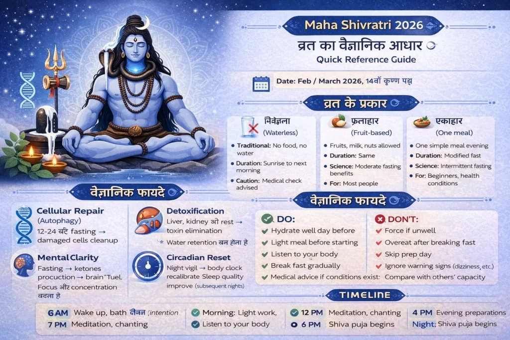 Maha Shivratri fasting scientific benefits infographic showing autophagy detoxification circadian rhythm and ritual explanations