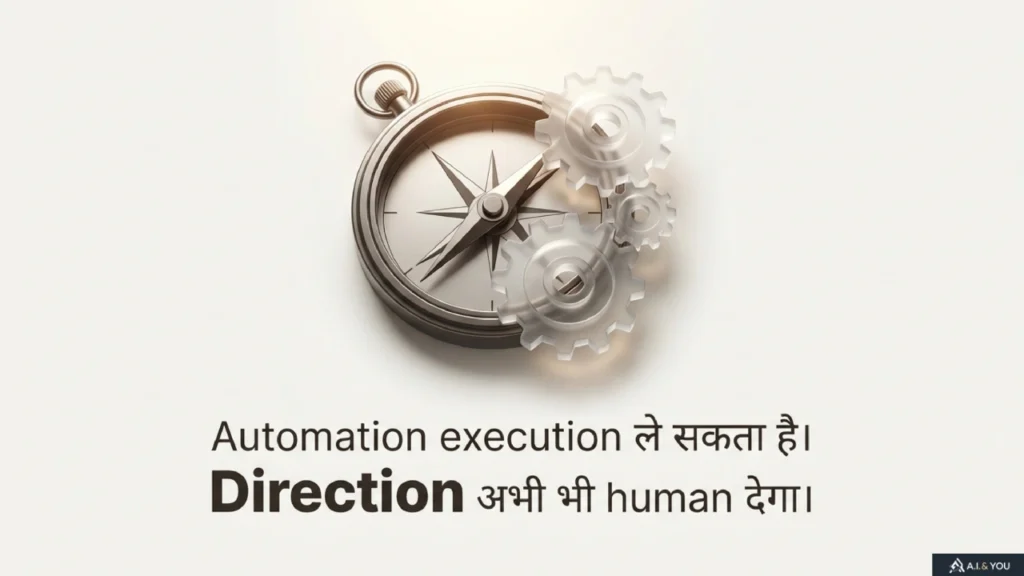 Compass और interconnected gears का conceptual graphic जो automation execution और human direction के संतुलन को दर्शाता है।