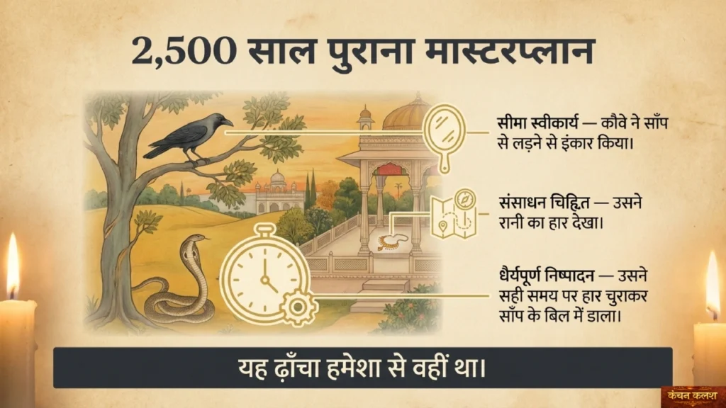 Crow flying upward symbolizing intelligence defeating force