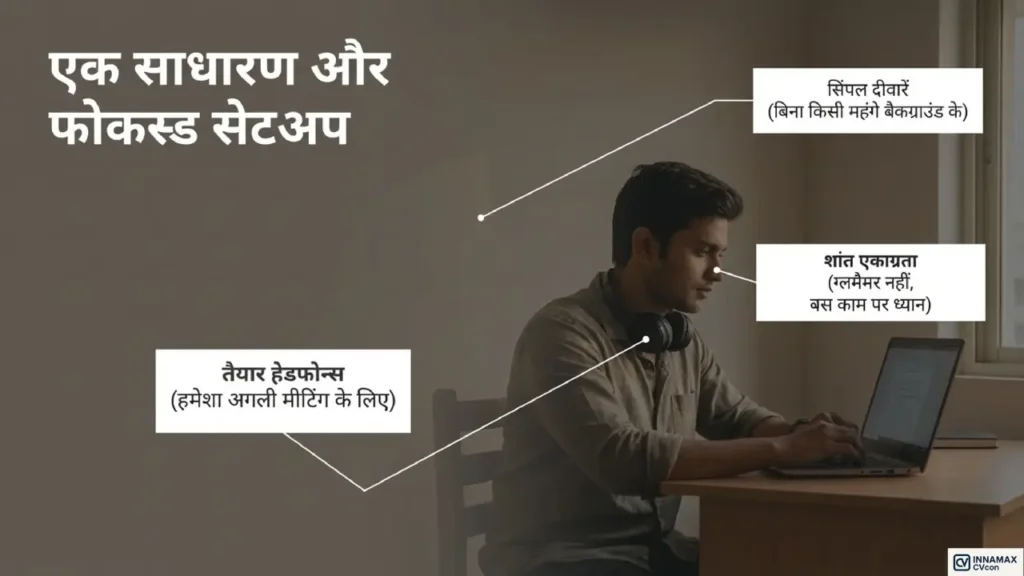 लैपटॉप के साथ साधारण और focused remote work setup